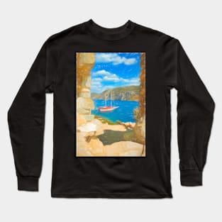 Sailboat anchored in an aegean bay in Turkey Long Sleeve T-Shirt